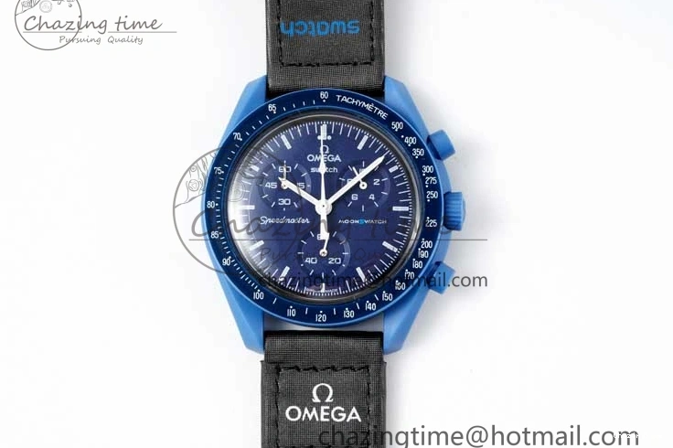 0211 ZipUp Speedmaster Misson To Neptune 1:1 Best Edition Blue Dial On Nylon Strap Quartz 7854